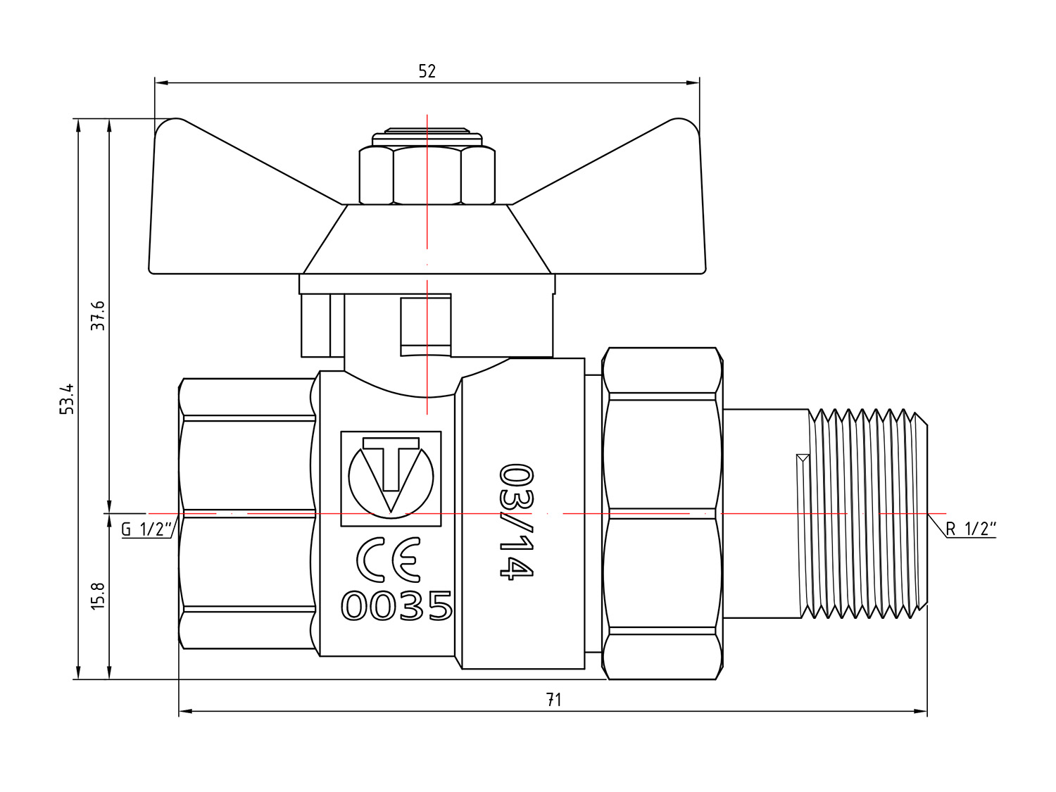 Кран шаровой прямой Valtec Base VT.227.N.04 (1/2ВРx1/2НР) с полусгоном и ручкой-бабочкой