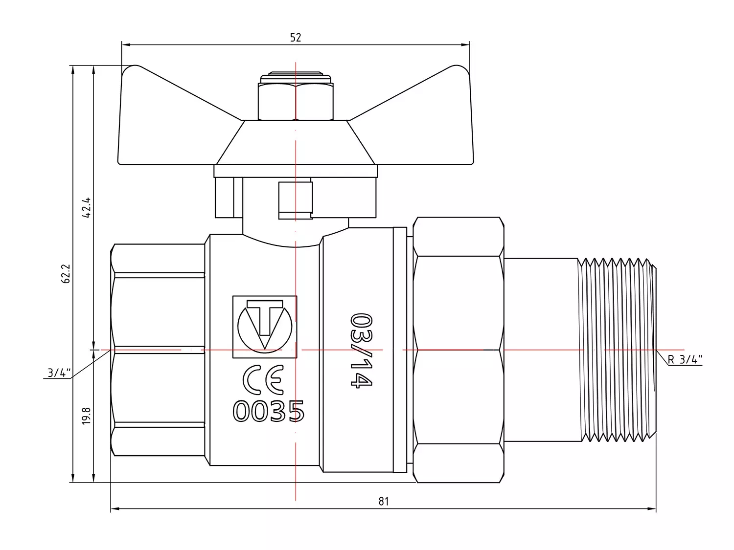 Кран шаровой прямой Valtec Base VT.227.N.05 (3/4ВРx3/4НР) с полусгоном и ручкой-бабочкой