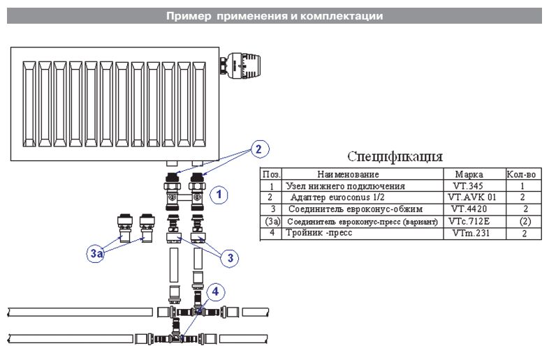 Узел для нижнего подключения радиатора (комплект) vt.345k.n.e04 1/2″ х 3/4, «евроконус»