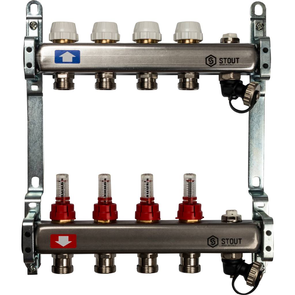 STOUT Коллектор из нержавеющей стали с расходомерами, с клапаном вып. воздуха и сливом 4 вых.