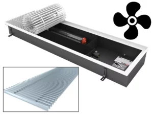 Конвектор внутрипольный водяной Vitron ВКВ.90.260.2500.2ТГ.24.РП(О/Р).ААС в коробе из оцинкованной стали, с вентилятором и алюминиевой решёткой серебряного цвета