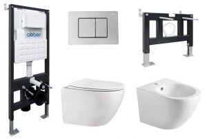 Комплект ABBER унитаз AC1100 белый с инсталляцией AC0105 и кнопкой AC0120 хром, биде AC1150 с инсталляцией AC0101P