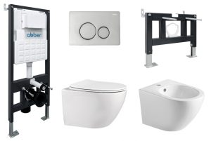 Комплект ABBER унитаз AC1100 белый с инсталляцией AC0105 и кнопкой AC0121 хром, биде AC1150 с инсталляцией AC0101P