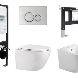 Комплект ABBER унитаз AC1100 белый с инсталляцией AC0105 и кнопкой AC0121 хром, биде AC1150 с инсталляцией AC0101P