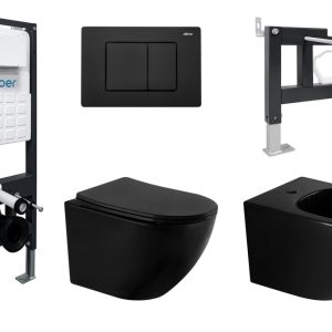 Комплект ABBER унитаз AC1100MB черный матовый с инсталляцией AC0105 и кнопкой AC0120MB, биде AC1150MB с инсталляцией AC0101P
