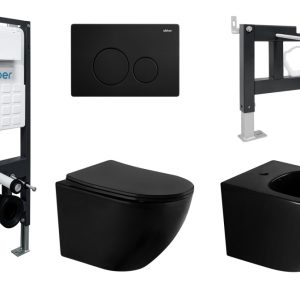 Комплект ABBER унитаз AC1100MB черный матовый с инсталляцией AC0105 и кнопкой AC0121MB, биде AC1150MB с инсталляцией AC0101P