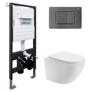 Комплект подвесной унитаз ABBER Bequem AC1100T белый с инсталляцией AC0105 и кнопкой AC0120NG никель