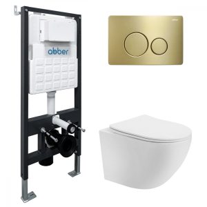 Комплект подвесной унитаз ABBER Bequem AC1100T белый с инсталляцией AC0105 и кнопкой AC0121MMG золото матовое