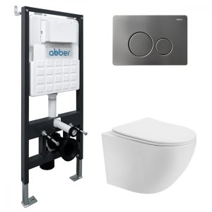 Комплект подвесной унитаз ABBER Bequem AC1100T белый с инсталляцией AC0105 и кнопкой AC0121NG никель