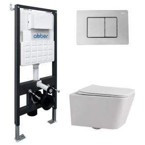 Комплект подвесной унитаз ABBER Rechteck AC1201 белый с инсталляцией AC0105 и кнопкой AC0120 хром