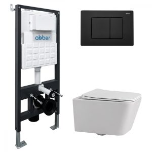 Комплект подвесной унитаз ABBER Rechteck AC1201 белый с инсталляцией AC0105 и кнопкой AC0120MB черный матовый
