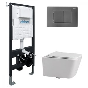 Комплект подвесной унитаз ABBER Rechteck AC1201 белый с инсталляцией AC0105 и кнопкой AC0120NG никель