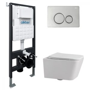 Комплект подвесной унитаз ABBER Rechteck AC1201 белый с инсталляцией AC0105 и кнопкой AC0121 хром