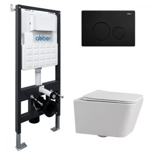 Комплект подвесной унитаз ABBER Rechteck AC1201 белый с инсталляцией AC0105 и кнопкой AC0121MB черный матовый