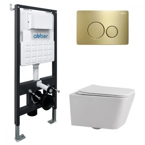 Комплект подвесной унитаз ABBER Rechteck AC1201 белый с инсталляцией AC0105 и кнопкой AC0121MMG золото матовое