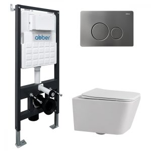 Комплект подвесной унитаз ABBER Rechteck AC1201 белый с инсталляцией AC0105 и кнопкой AC0121NG никель