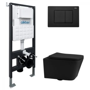 Комплект подвесной унитаз ABBER Rechteck AC1201MB черный матовый с инсталляцией AC0105 и кнопкой AC0120MB черный матовый