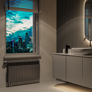 Биметаллический радиатор Royal Thermo BILINER V 350 - 8 секций, ГхВхД 87 х 431 х 640 мм., подключение нижнее, цвет серебристый