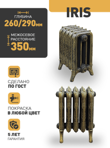 Чугунный радиатор Радимакс Iris -  высотой 475/530 мм., шириной 840 мм.,12сек. настенный/напольный ;  боковое/нижнее  подключение, цвет: грунт
